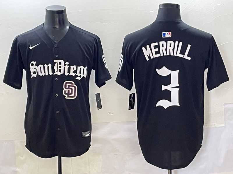 Men 2025 San Diego Padres #3 Merrill Black Five generations Joint Name Nike MLB Jersey style 14
